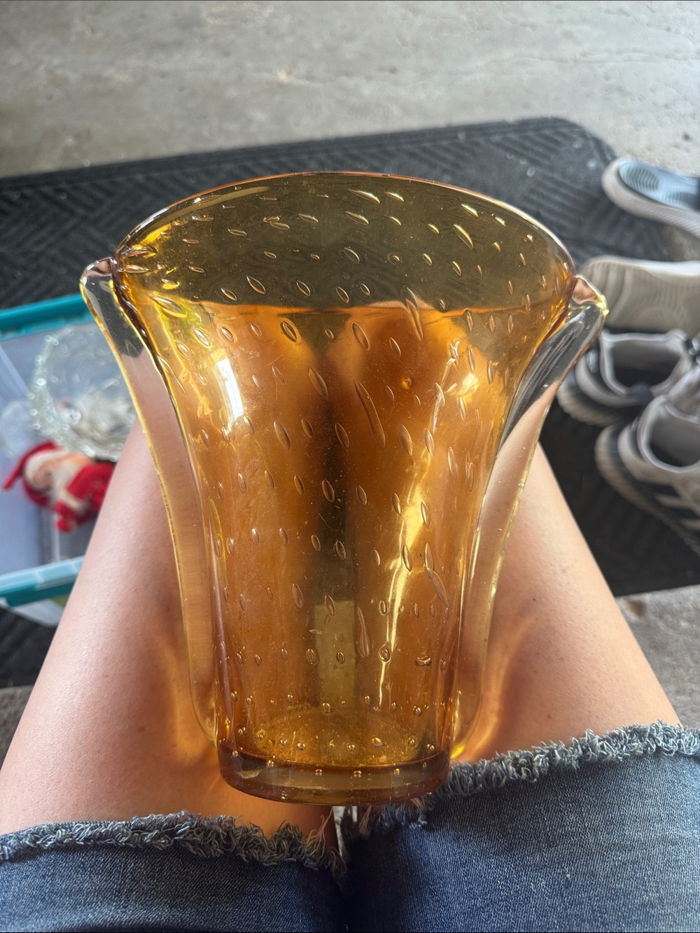 Amber Bubble Glass Vase - Sculptural Flared Design
